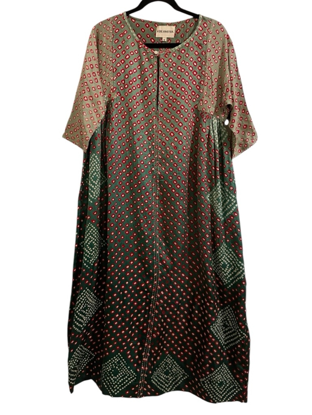 Green Patterned Maxi Dress with Red Dot Accents